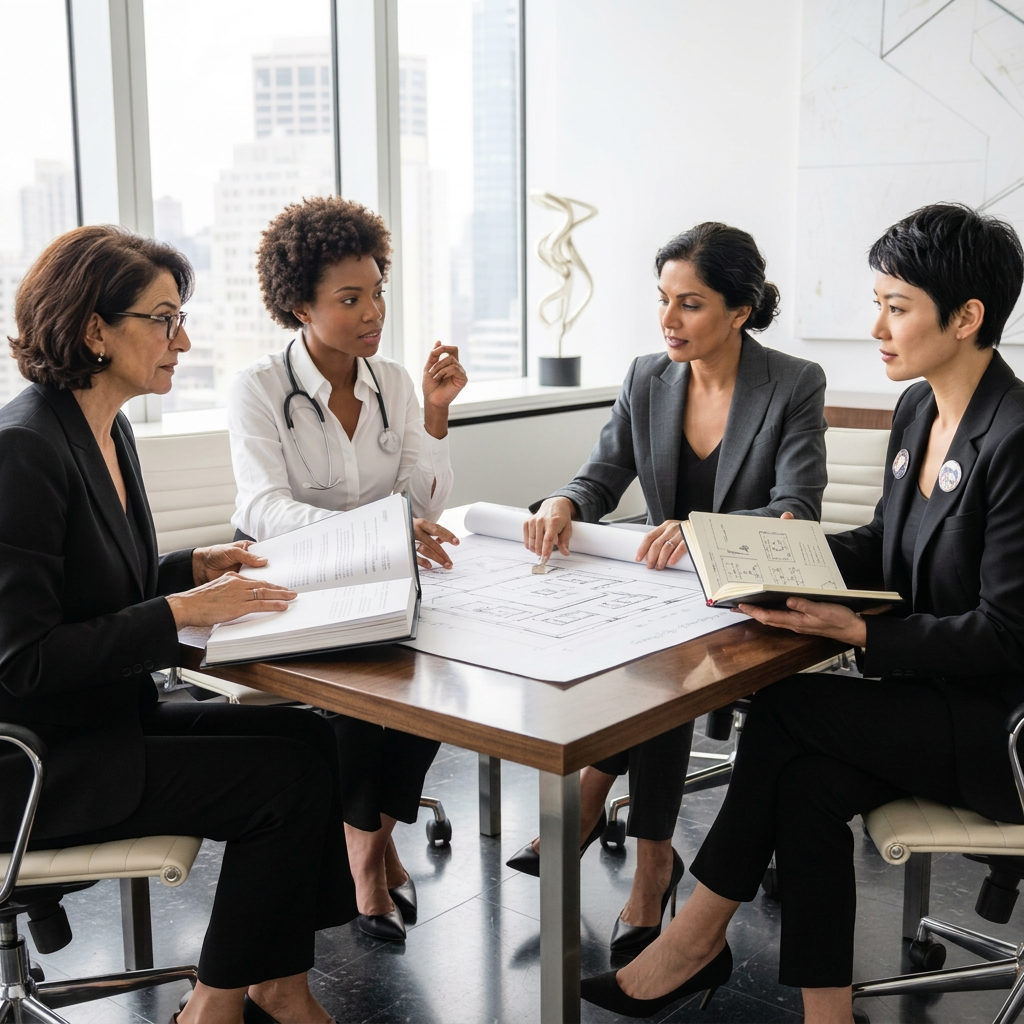 Women of different backgrounds comparing paths, plans and notes during a working session