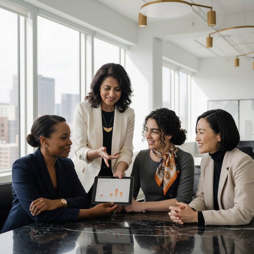 Four women of different backgrounds reviewing their AI results on a tablet during a live group lab